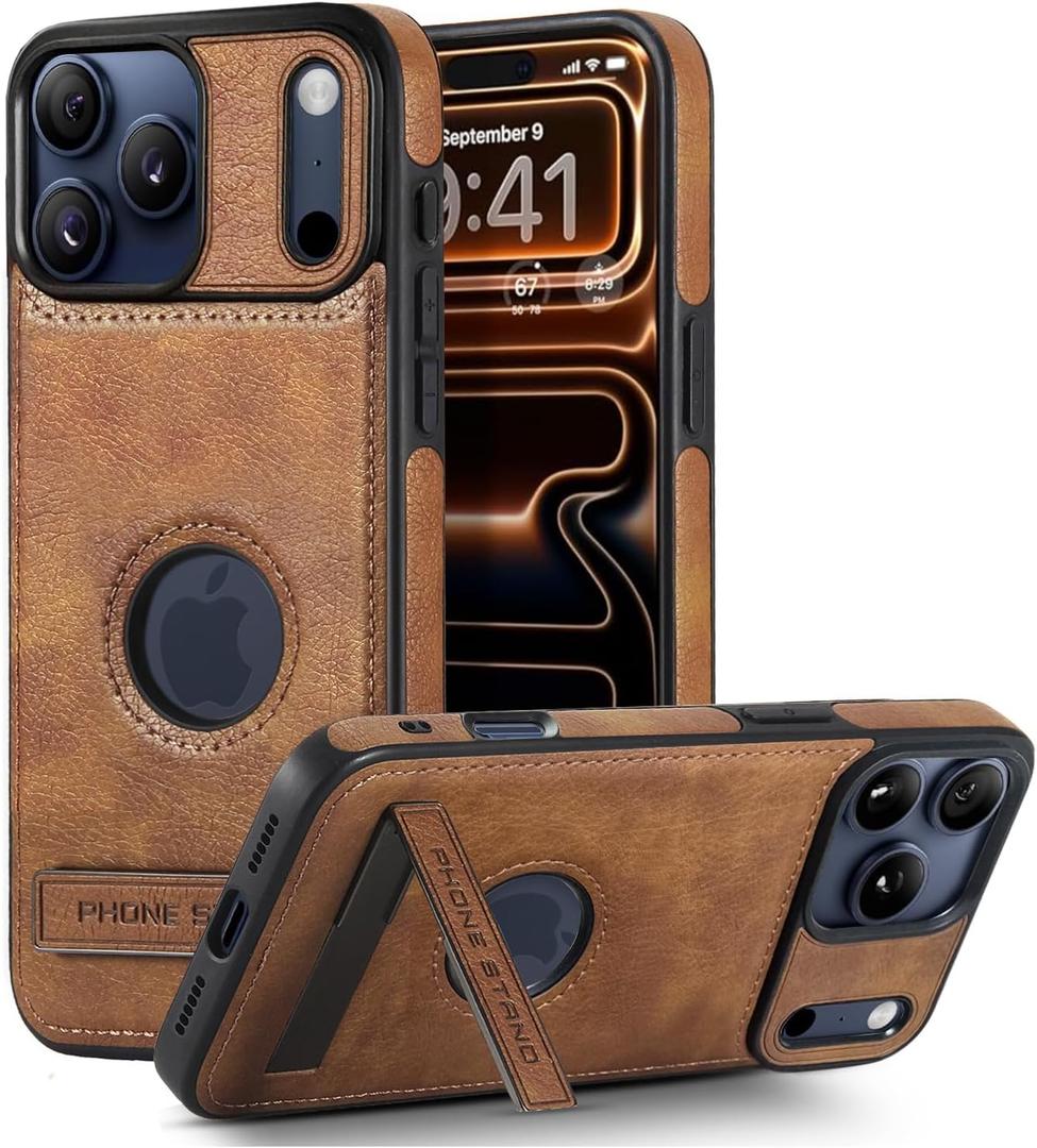 Leather Case for iPhone 17 Pro Case, Protective Slim with Kickstand Shockproof Phone Cases, Built-in Invisible Stand Compatible with iPhone 17 Pro 6.3'' (Brown)