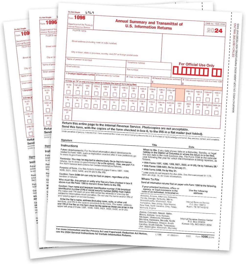 1096 Transmittal 2024 Tax Forms, 25 Pack of 1096 Summary Laser Forms, Compatible with QuickBooks and Accounting Software