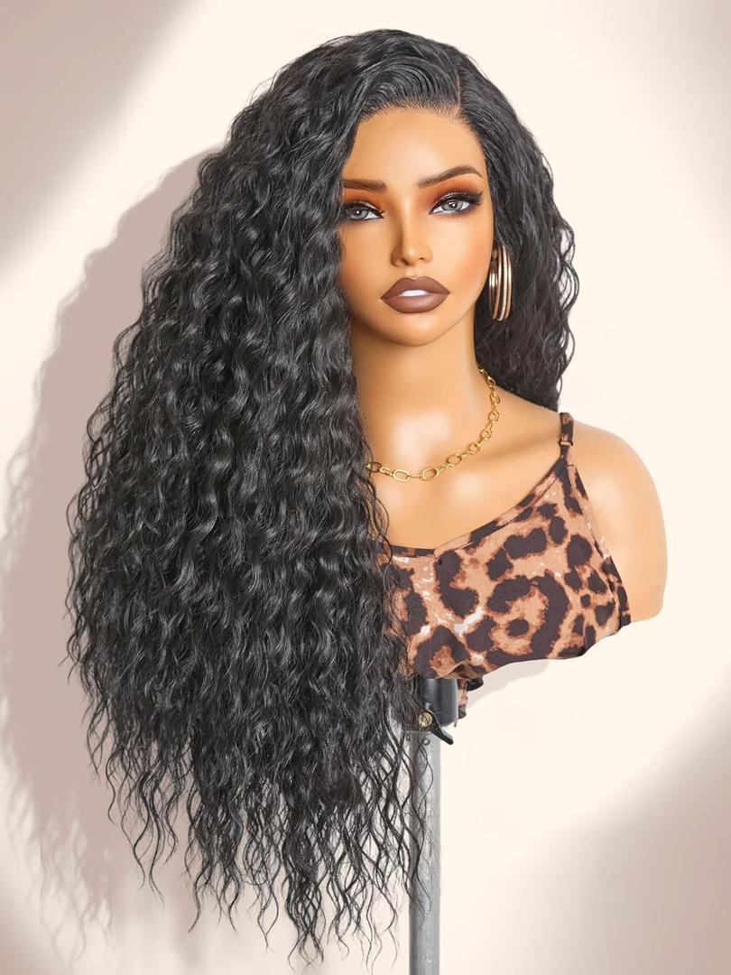 GORGIUS Glueless Deep Ocean Wave Lace Front Wigs Natural Black Long Wig Upgrade with Heat Restistant Synthetic Fiber Pre Cut Pre Plucked Hairline 28Inch