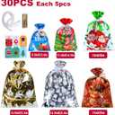 PINWATT 30 Pack Christmas Gift Bags Reusable Plastic with Ribbon Ties, Assorted Sizes (5S/5M/10L/10XL), Santa Holiday Bags for Kids Toys Large Gifts & Goodie Supplies