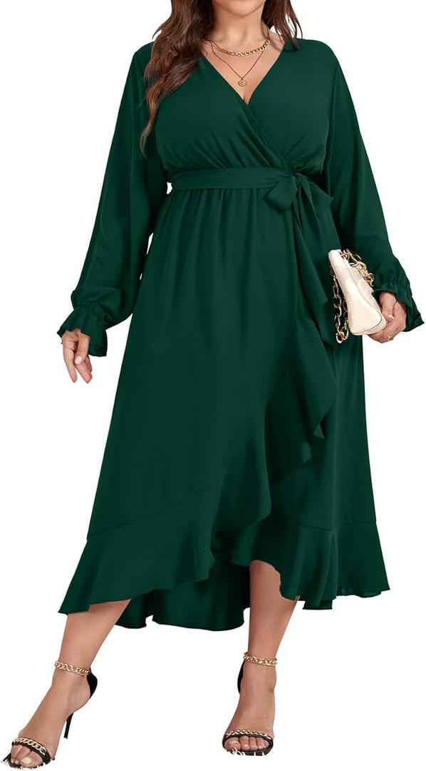 SCOMCHIC Women Plus Size Formal Dresses Fall Long Sleeve Faux Wrap V Neck High Low Ruffle Cocktail Wedding Guest Maxi Dress (XX-Large Plus, Emerald Green)