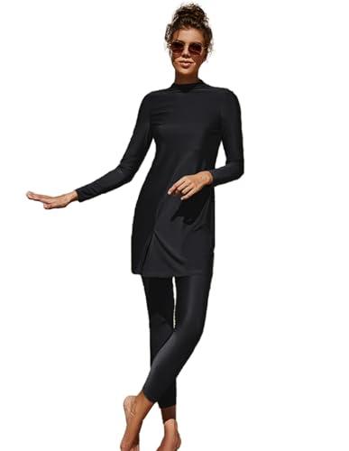 SJTYDX Muslim Swimsuits for Women Islamic Modest Swimwear Long Sleeve Burkini Full Cover Beachwear Modesty Bathing Suit Black
