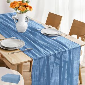 JOYIT 2 Pack Blue Cheesecloth Table Runner 35" x 120" Boho Table Runner Set for Wedding, Birthday, and Party Decor, Romantic Gauze Table Runner for Rustic and Elegant Tablescapes (Light Blue)