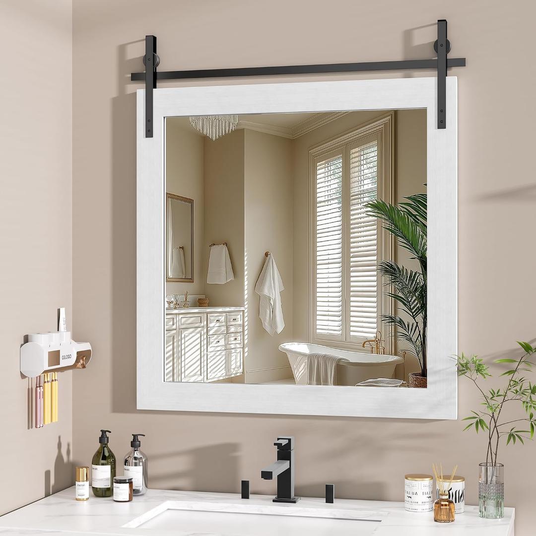 Hasipu Farmhouse Bathroom Mirror, 31"x31" Rustic Wood Framed Wall Mounted Mirror, White Vintage Vanity Mirror Barn Door Style Decrative Mirrors