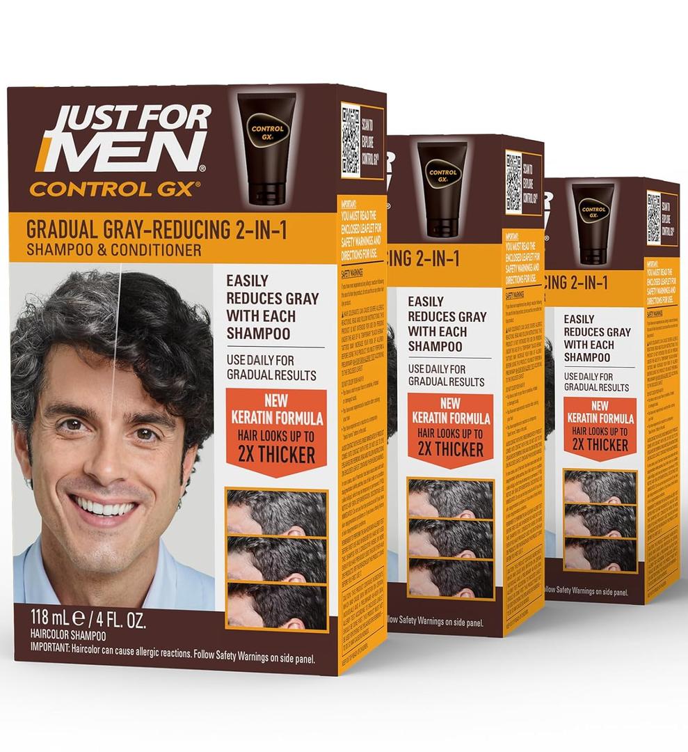 Just for Men Control GX Grey Reducing 2-in-1 Shampoo and Conditioner, Gradual Hair Color with Keratin for Stronger Thicker and Healthier Looking Hair, 4 Fl Oz - Pack of 3 (Packaging May Vary), Color: Grey Reducing
