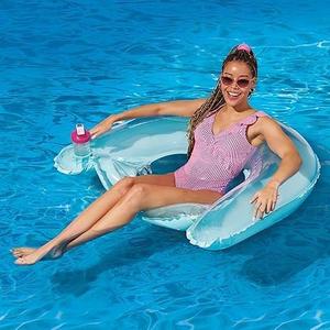 Inflatable Pool Float Chair - Floating Pool Chair Lounge Floats for Swimming Pool with Cup Holder Pool Toy Party Floaties, 4 ft Wide Comfort Chair Lounge for Pool, 220 lbs Weight Capacity (Light Blue)