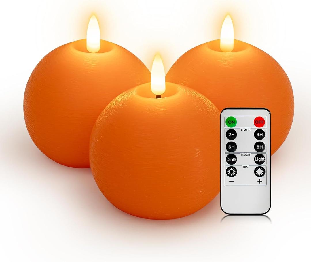 Flameless Candles with Remote, Orange Round Candles Ball LED Battery Operated Real Wax Candles Warm Light 3D Wick Flickering for Home Party Wedding Decor (Set of 3)