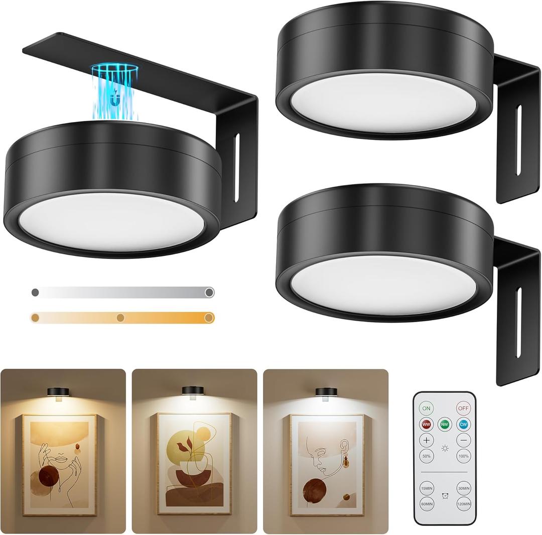3-Pack Black Picture Lights for Wall, Battery Operated with Remote and Timer, 3 Color Temperatures & Dimmable, Art Display Light for Picture Frame Artworking PortraitWireless Wall Decor Puck Lights