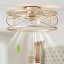 20" Gold Flush Mount Ceiling Fans with Lights, Gold Caged Ceiling Fans with Light and Remote, Bladeless Ceiling Fan with 6 Speeds for Bedroom, Living Room, Nursery