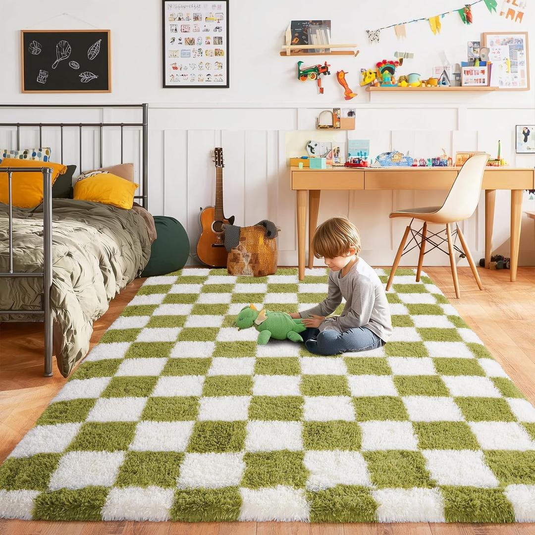 Fluffy Area Rug for Bedroom 5x7, Modern Indoor Shag Carpet, Soft Plush Non Slip Checkered Rugs for Living Room Kids Room Home Decor, Grass Green and White