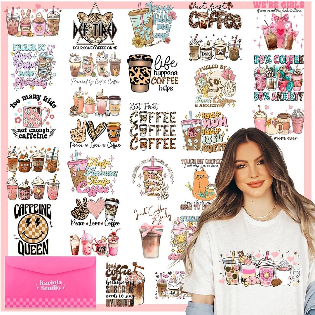 Kaciola 30 Sheets Coffee DTF Transfers Ready to Press, Coffee Iron on Transfers Washable Stickers Iron on Decals for T Shirts Hoodie DIY Crafts