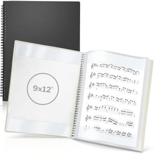 CRANBURY Sheet Music Folder 9x12 - Dual Use Music Holder (Black), Store Pages Inside 24 Protective Sleeves or Annotate Exposed Pages, Music Binder with Spiral Binding Stays Opens and Lays Flat