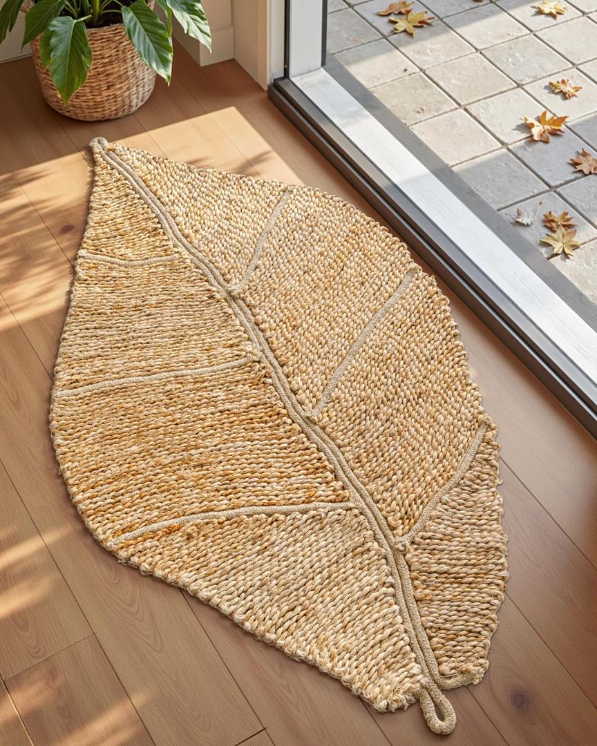 DEXI Jute Door Mat Inside Entryway Braided Woven, 20x32 Front Entrance Doormat Inside Leaf Shaped, Welcome Natural Fiber Entry Mats Farmhouse Home Decor, Beige