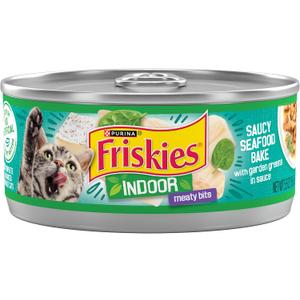 Purina Friskies Indoor Cat Food Meaty Bits Saucy Seafood Bake With Garden Greens in Sauce - (Pack of 24) 5.5 oz. Cans (BB: August 2027)