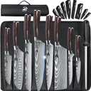 Dfito Chef Knife Sets with Roll Bag, 9 Pieces Professional Knife Set, High Carbon Stainless Steel Kitchen Chef Knife Set, Red Pakkawood Handle, Dishwasher Safe