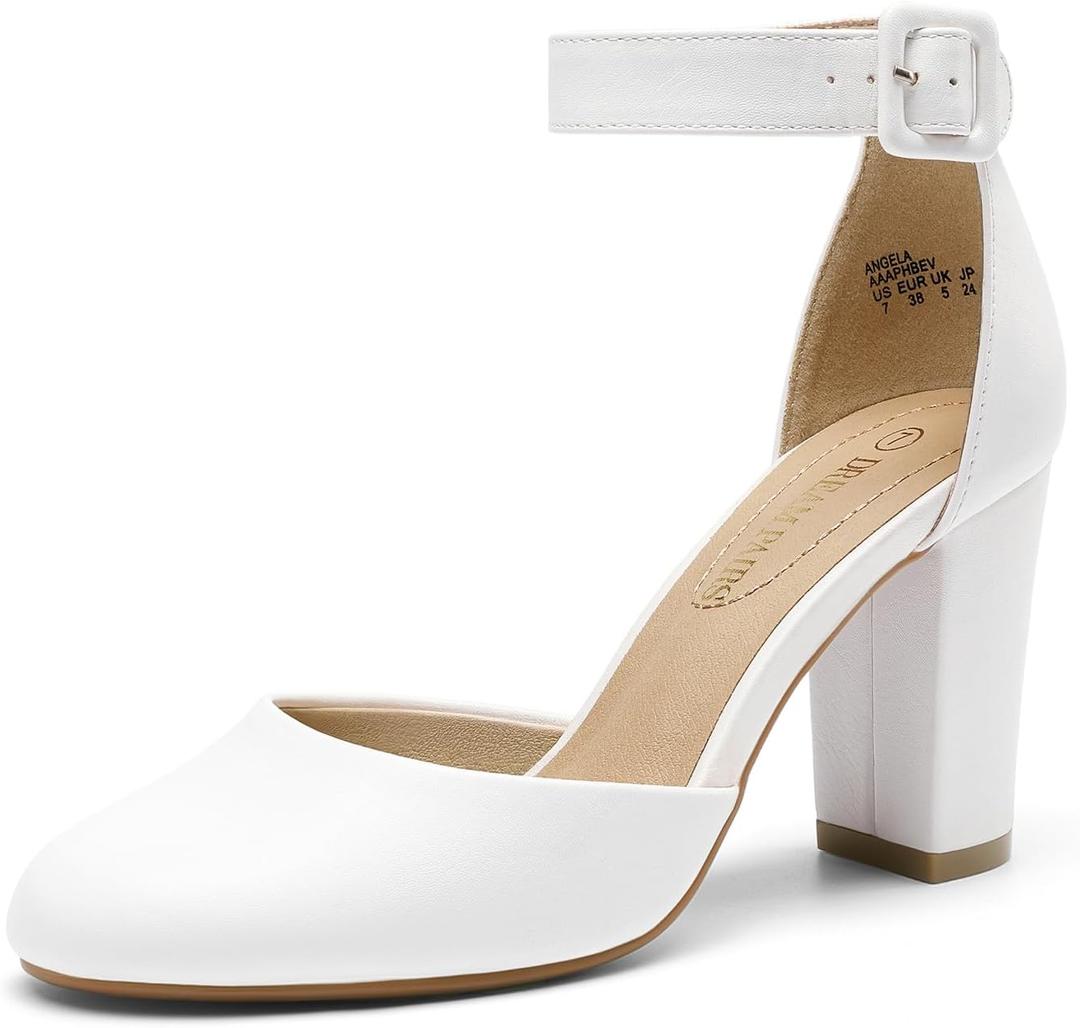 DREAM PAIRS Women's High Heel Ankle Strap Closed Toe Chunky Wedding Pumps Shoes, Size 7