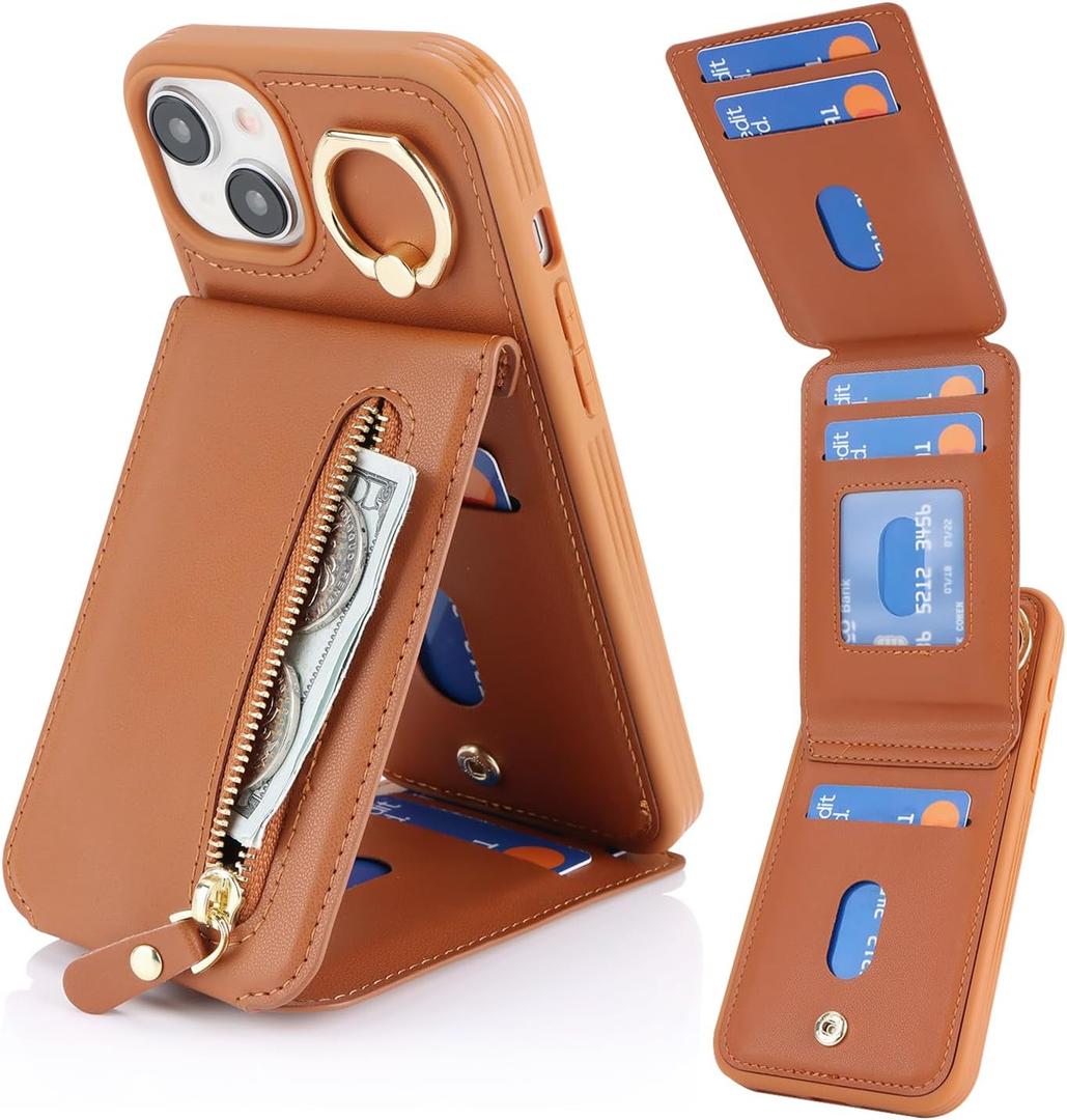 for iPhone 15 Plus Case with Card Holder for Women,for iPhone 15 Plus Phone Case Wallet with Strap Credit Card with Kickstand Zipper Case for Apple15plus - Brown