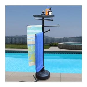 O2COOL Pool & Spa Valet, Adjustable Pool & Patio Towel Holder with Weighted Base, Outdoor Towel Bar, Poolside Table, Black