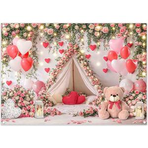 ZTHMOE Fabric 7x5ft Valentine's Day Tent Photography Backdrop Love Heart Balloons Pink Roses Lights Background Girls Wedding Bridal Shower Party Decorations Photo Banner Props