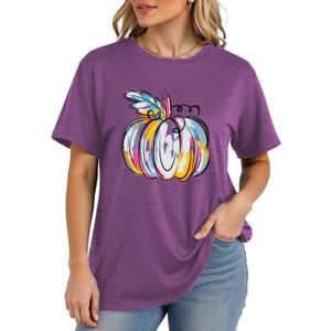 Women's Halloween Tops, Pumpkin Head Graphic Tees with Subtle Ghost Accents for Spooky Season Casual Wear (Purple, XL)