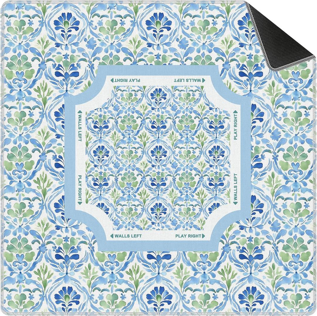 Chinoiserie Blue and Green Floral Mahjong Mat 31.5 x 31.5 Inch, Grandmillennial Flower Non-Slip Noise Reduction Gaming Mat for American Mahjong, Poker, Card Games, Board Games and Dominoes