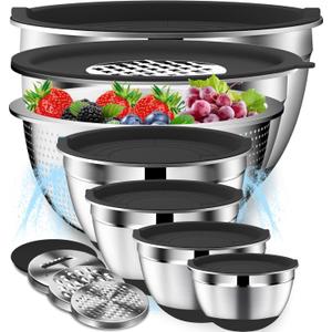 Mixing Bowls with Lids Set - 16pcs Stainless Steel Mixing Bowl Set with Colander, 3 Grater Attachments, Non-Slip Bottom, Metal Nesting Bowls with Strainer for Mixing & Serving - Black