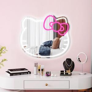 Anime Mirror Vanity Neon Sign Dimmable Kitty LED Lights for Teen Girls Women Room Bedroom Decor Makeup Vanity Mirror Neon Signs Birthday Thanksgiving Gift for Kids Loved Ones Thickened