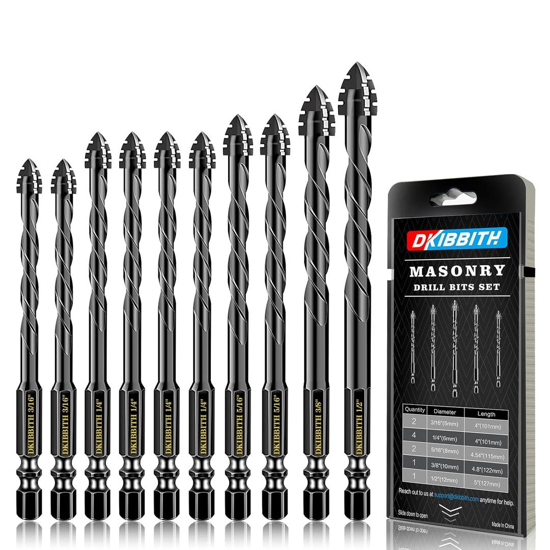 DKIBBITH 4-Flute Serrated Masonry Drill Bit Set (10-Piece, Black) - 3/16" to 1/2" for Concrete, Tile, Brick, Glass, Ceramic, 10 Piece 3/16"-1/2" Serrated Drill Bit Set