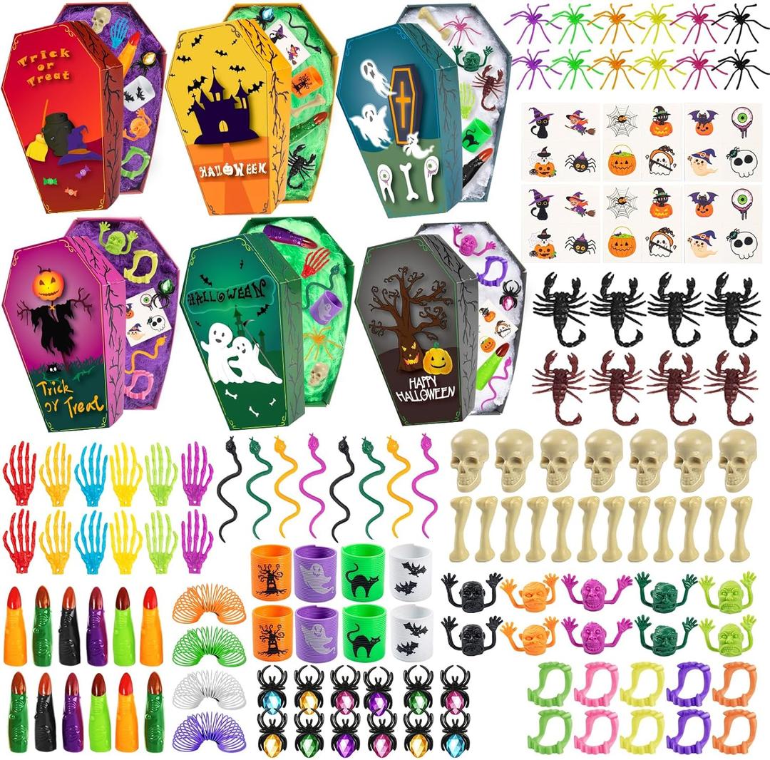 243 PCS Halloween Party Favors for Kids, 24 Pack Coffin-Shaped Goodie Bags with Halloween Toy, Halloween Goodie Bags Stuffers, Bulk Halloween Party Favors Prizes for Kids Trick or Treat