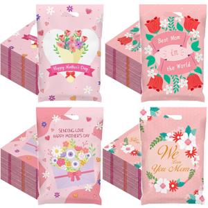 Eaasty 100 Pieces Large Plastic Happy Mother's Day Gift Bags Bulk 16 x 12 Inch Best Mom Treat Candy Goodie Bags Pink Flower Shopping Pouch for Mother's Day Party Favor Gift Giving