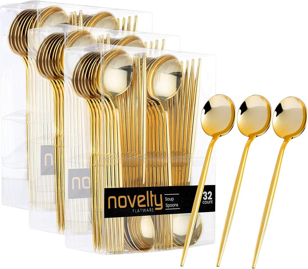 Novelty Modern Flatware, Cutlery,Disposable Plastic Soup Spoons Luxury Gold 64 Count