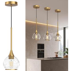 1-Pack 1-Light Gold Pendant Light, Brushed Gold Glass Globe Hanging Light Fixture, Modern Kitchen Island Lighting, Dining Room Over Table Bar Light