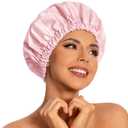 Reusable Shower Cap for Women, Large Waterproof Shower Bonnet Washable Elastic Band Bath Hair Hat for Long Hair, Braids (Pink)