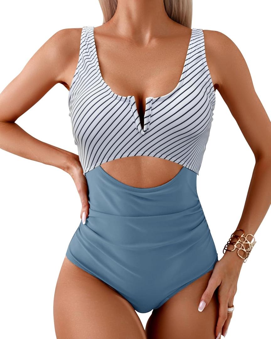 HXN Women's One Piece Swimsuit Tummy Control Bathing Suit Color Block Cutout Slimming Swim Suit Swimwear 2025 (L)