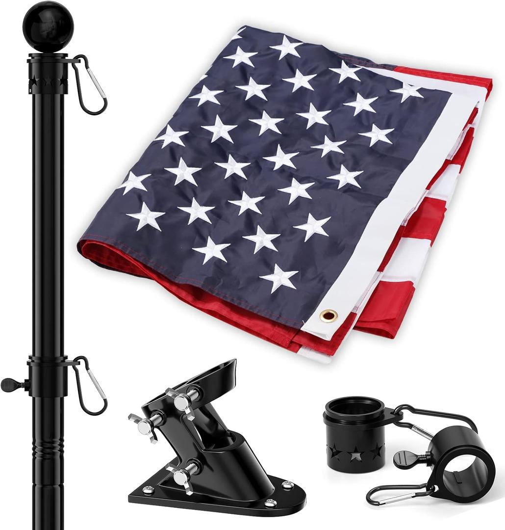 American Flag and Flag Pole for House Outside, 6ft Heavy Duty Flag Pole Kit with 3x5 Embroidered USA Flag, Tangle Free Steel Black Flagpole with Bracket for Residential, Commercial, Outdoors Garden