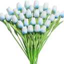 30 PCS Artificial Tulips Real Touch Tulips 13.5inch Long Stem Fake Flowers Silk Flowers for Spring Easter Mother's Day DecorationsWhite+Light Blue