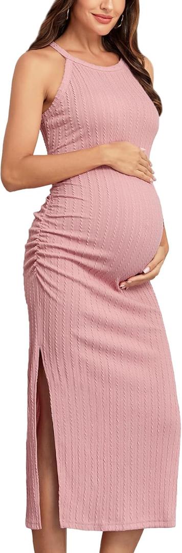 2025 Ribbed Summer Maternity Bodycon Dress Sleeveless Halter Neck Ruched Slit Pregnancy Long Dress Baby Shower Casual (Large, Pink)