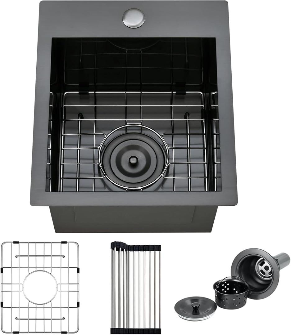 13 Black Bar Sink Drop in -VAWSS 13 x 15 inch,16 Gauge Stainless Steel Small Kitchen Sinks,Matte Nano Black Topmount Single Bowl Kitchen Outdoor Sink