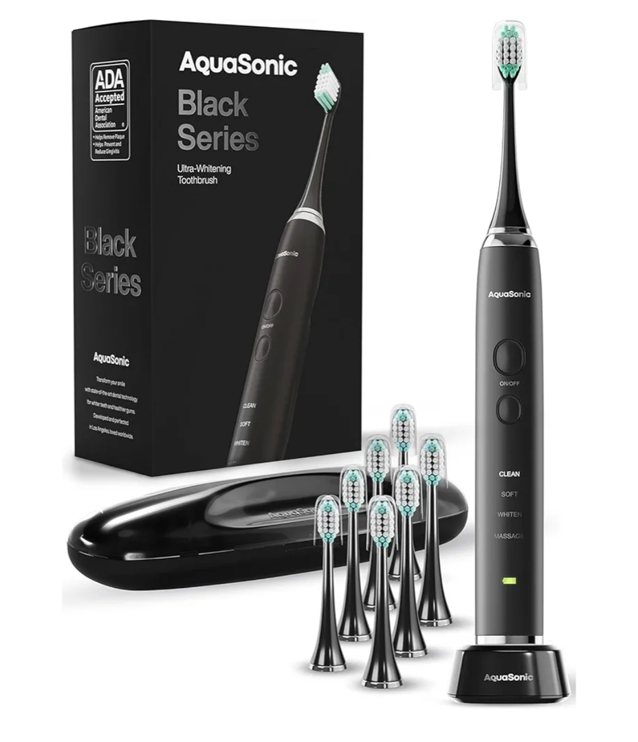 Aquasonic Black Series Ultra Whitening Toothbrush – ADA Accepted Electric Toothbrush 8 Brush Heads & Travel Case – 40,000 VPM Electric Motor & Wireless Charging  4 Modes w Smart Timer
