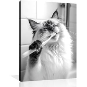 OWNANRTHM Cat Bathroom Canvas Wall Art Funny Animal Bathroom Wall Art Cat Brushing Teeth Bathroom Painting Black and White Animal Bathroom Pictures for Bathroom Restroom Wall Framed Poster 12X16 inch