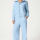 QINSEN Women's 2 Piece Outfits Long Sleeve Zip Up Lapel Sweatshirt Wide Leg Pants with Pockets Matching Sets Sky Blue, M