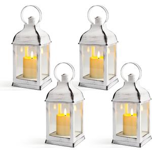 White Vintage Lantern Decorative LED Flickering Flameless Candle with Timer, Battery Powered LED Decorative Hanging Lanterns for Indoor Outdoor Wedding Garden Yard Home Decor(4 Pack)
