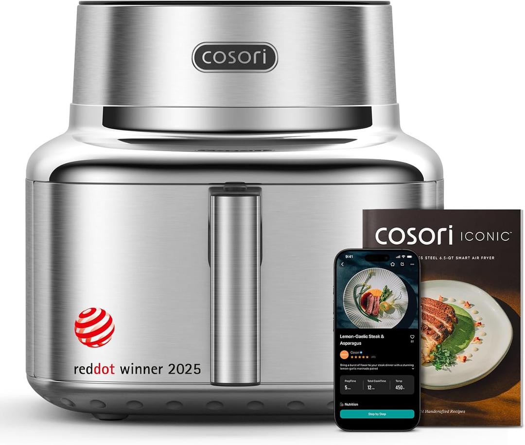Cosori Iconic Stainless Steel 6.5 Qt Smart Air Fryer, PFAS-Free Ceramic Coating, Max 450F, Consistent Cooking, Air Fry, Roast, Bake, Dry, Proof, Reheat, Dishwasher-Safe Basket, Chef-Crafted Recipes