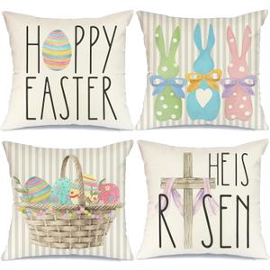 GEEORY Happy Easter Throw Pillow Covers 16x16 Set of 4 Bunny He is Risen Cross Eggs Spring Home Decor for Couch G261-16 (Multicolor)