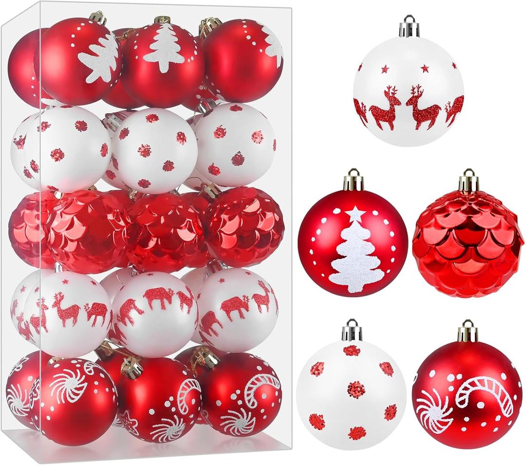 Christmas Ornaments Balls - 30 Pcs 2.4 Inch Shatterproof Plastic Christmas Balls Sets, Red & White Small Christmas Tree Ball Hanging Ornaments for Holiday Wreath Party Christmas Tree Decor (H)