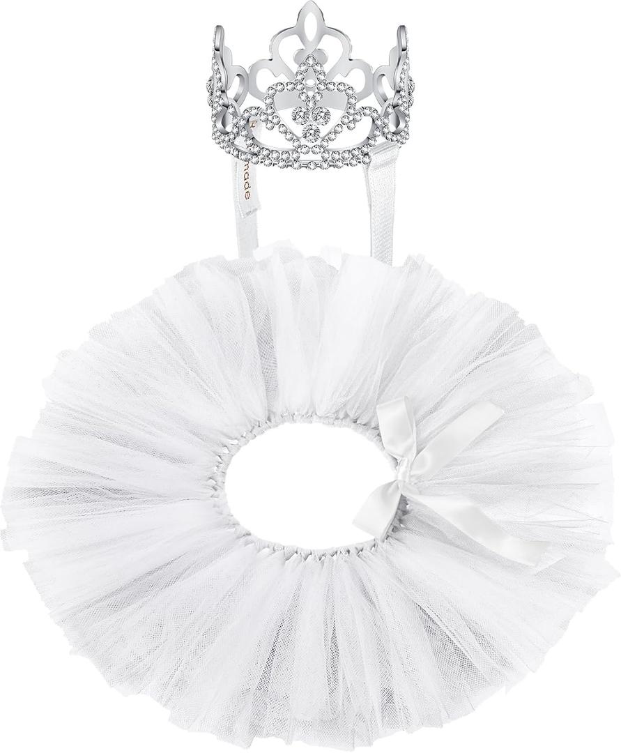 2 Pcs Dog Crown Headband Dog Tutu Dress Set Crystal Rhinestone Tiara Crown Tutu Skirt Pet Dress Costume for Puppy Birthday Party Wedding Photo Prop Costume(X-Large, White)