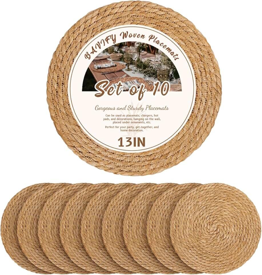 13 in Round Woven Placemats Plate Chargers Set of 12, Boho Farmhouse Rustic Woven Place Mats for Dining Table Decor, Rattan Wicker Table Mats Jute Braided Chargers for Dinner Plates