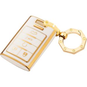 YHC Key Fob Cover for Cadillac with Gold Keychain Key Shell for Escalade SRX CTS ATS XTS DTS STS 2008-2015 (White)