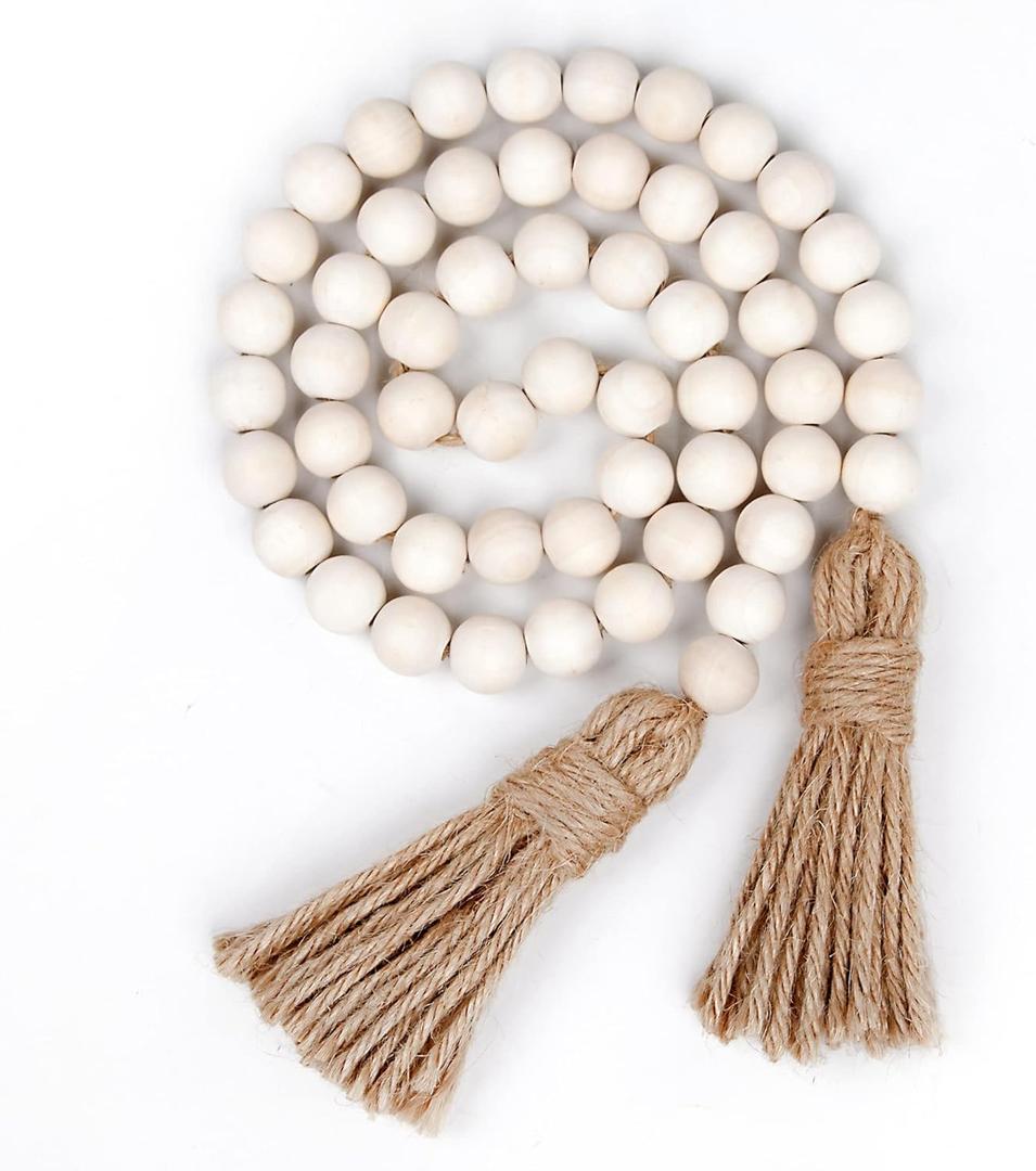 Wood Bead Garland Farmhouse Beads with Tassels,Farmhouse Tassel Garland Country Wall Hanging Decor Prayer Beads(39 inches/Nature)