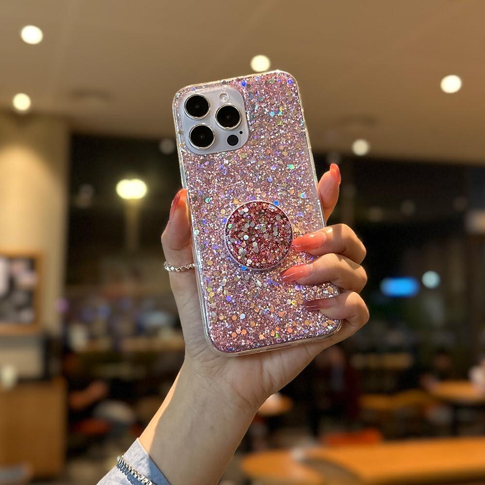 Case for iPhone 13 Case Glitter Bling for Women Girls Sparkle Cover with Ring Stand Holder Cute Protective Phone Cases 6.1 inch (Pink)